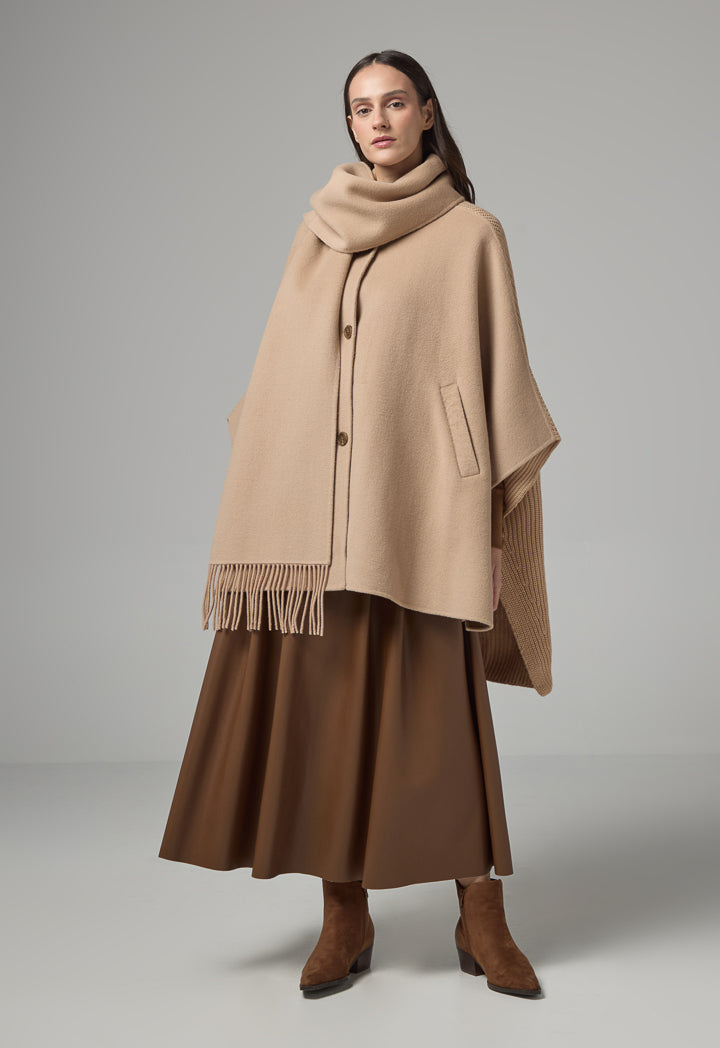 Choice Winter Wool Poncho With Non Detachable Scarf Beige