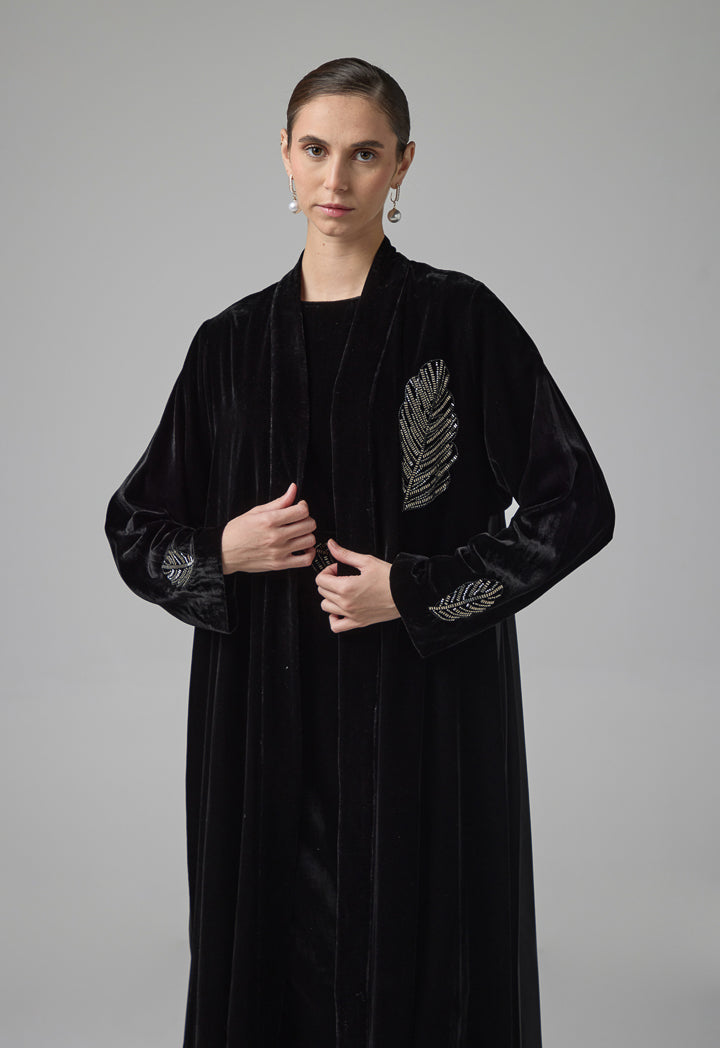 Choice Bead Embellished Pleated Velvet Abaya Black