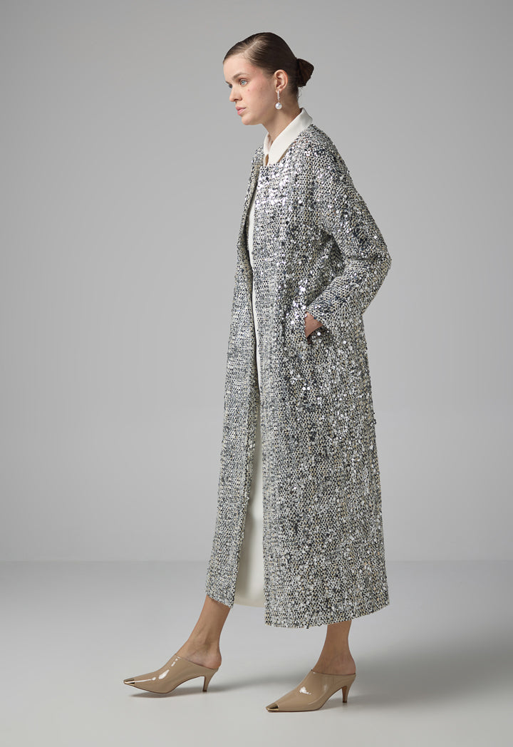 Choice Sequin Embellished Tweed Coat Grey