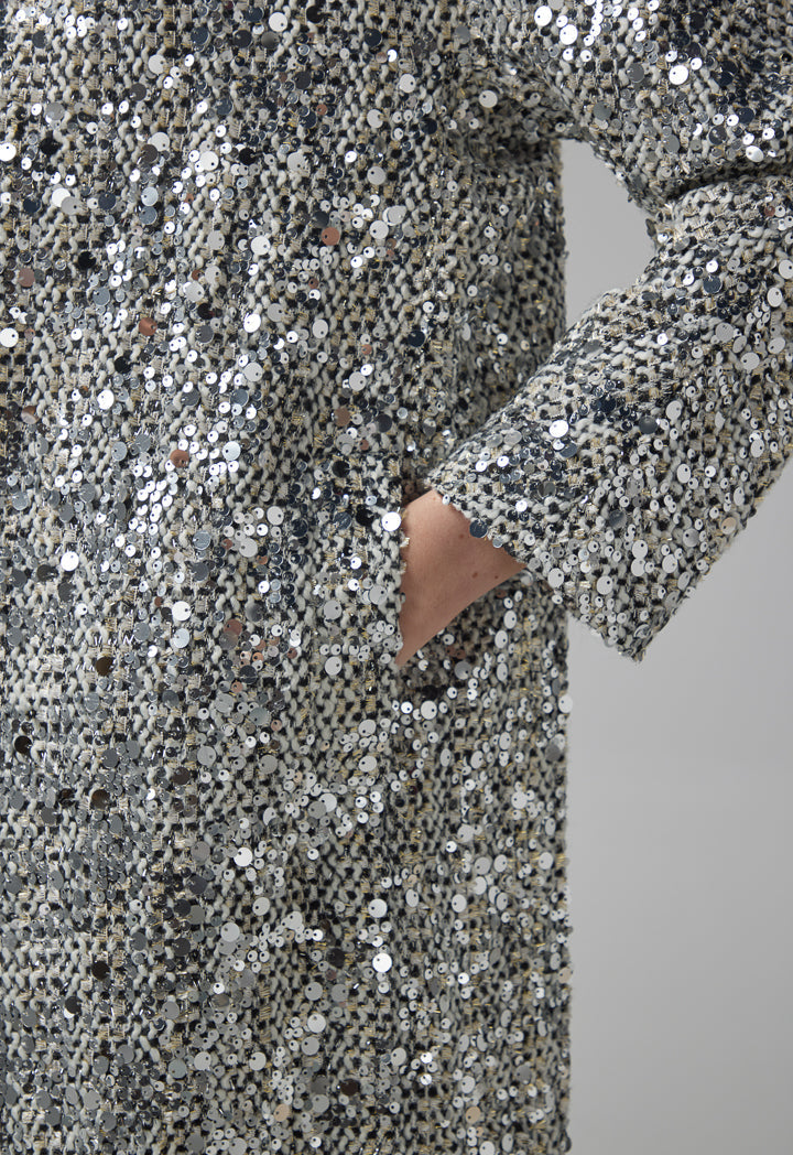 Choice Sequin Embellished Tweed Coat Grey