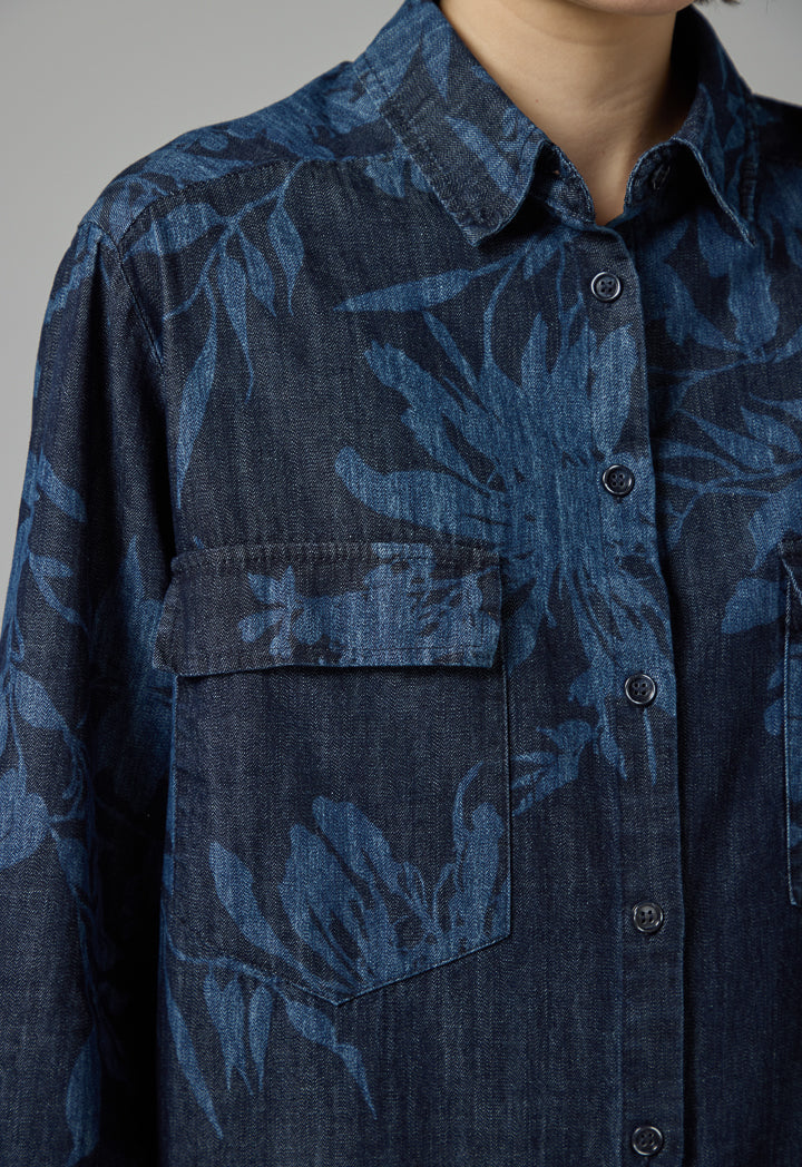 Choice Floral Print Denim Shirt Navy