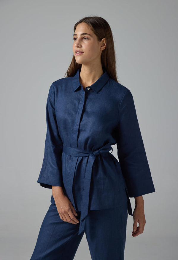 Choice Long Sleeves Basic Belted Shirt Navy