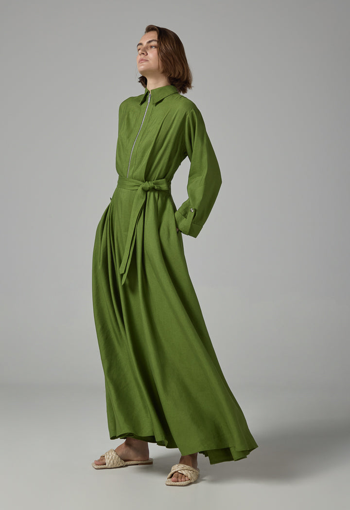 Choice Solid Flared Belted Maxi Dress Green