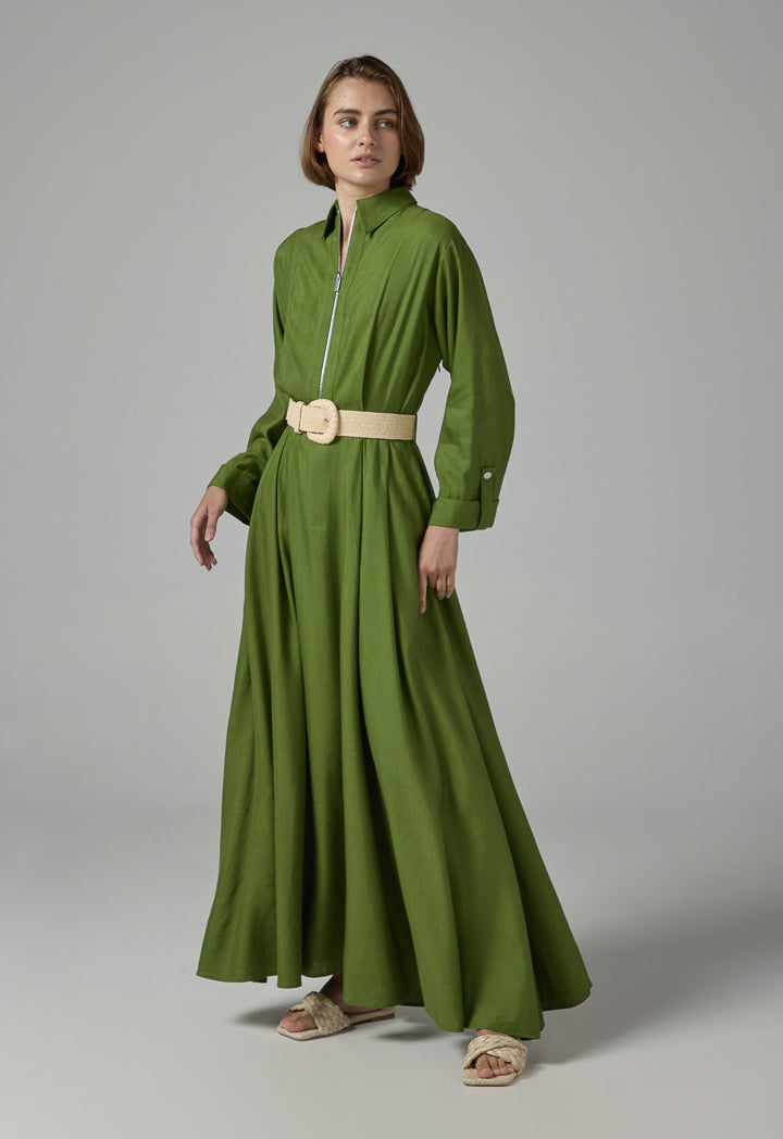 Choice Solid Flared Belted Maxi Dress Green