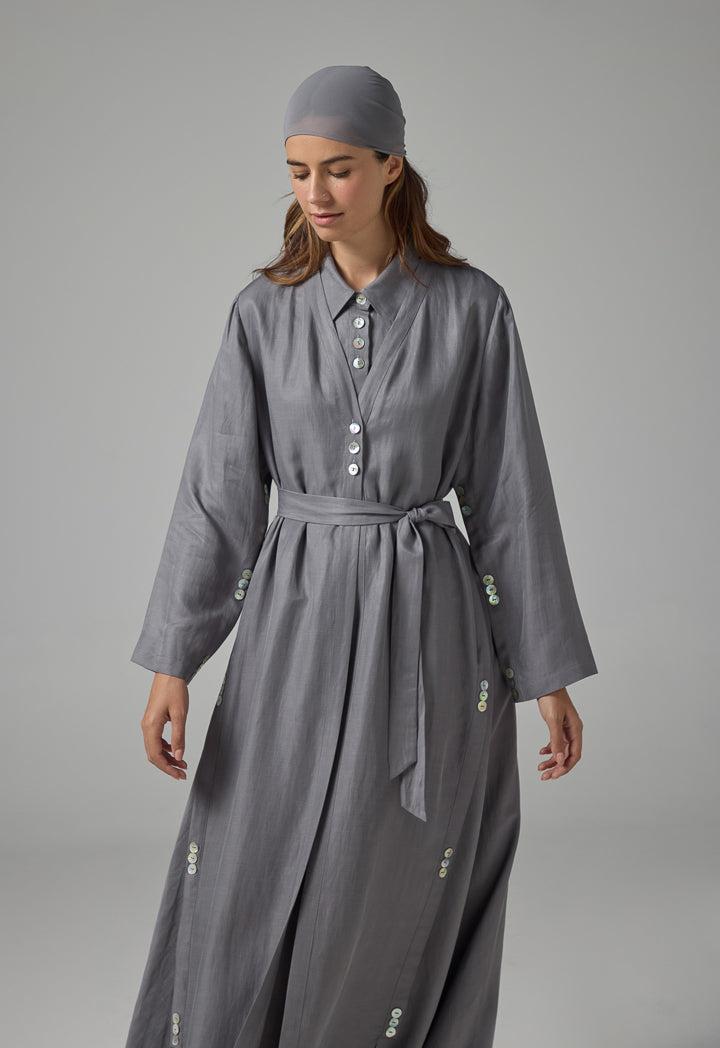 Choice Solid Oversized Maxi Belted Abaya With Hijab Grey