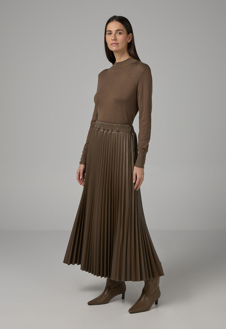 Choice Pleated Pu Leather Solid Skirt Brown