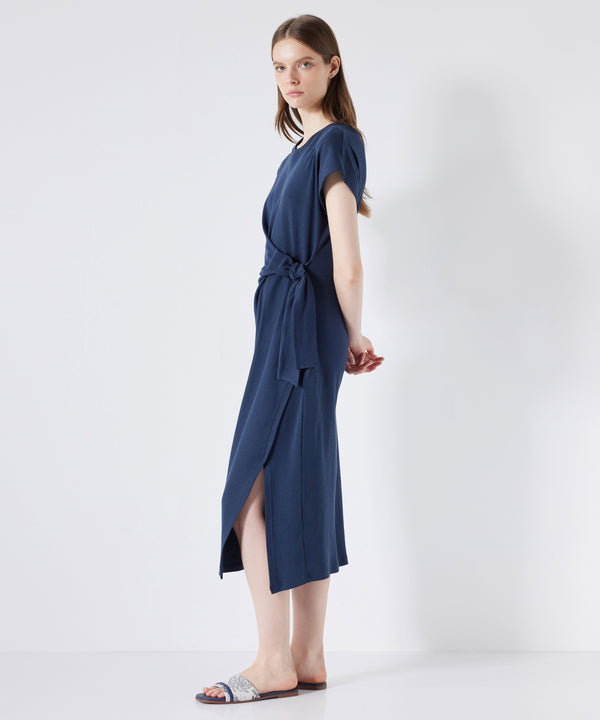 Ipekyol Combed Cotton Dress With Tie Waist Navy Blue