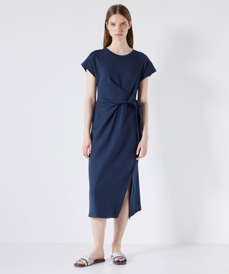 Ipekyol Combed Cotton Dress With Tie Waist Navy Blue