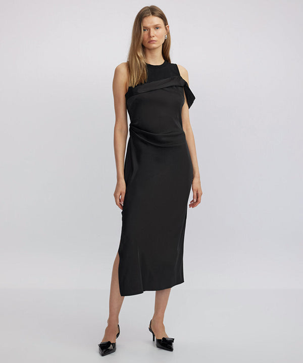 Ipekyol Combed Cotton Mix Draped Dress Black