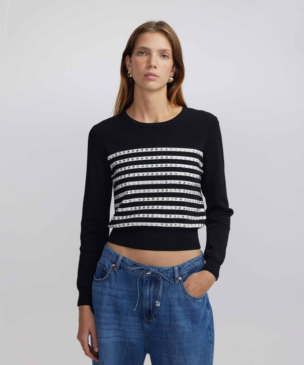 Ipekyol Crystal Stone Striped Pattern Knitwear Black