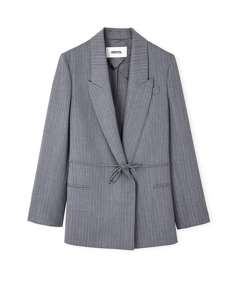 Ipekyol Striped Pattern Thin Belted Blazer Grey