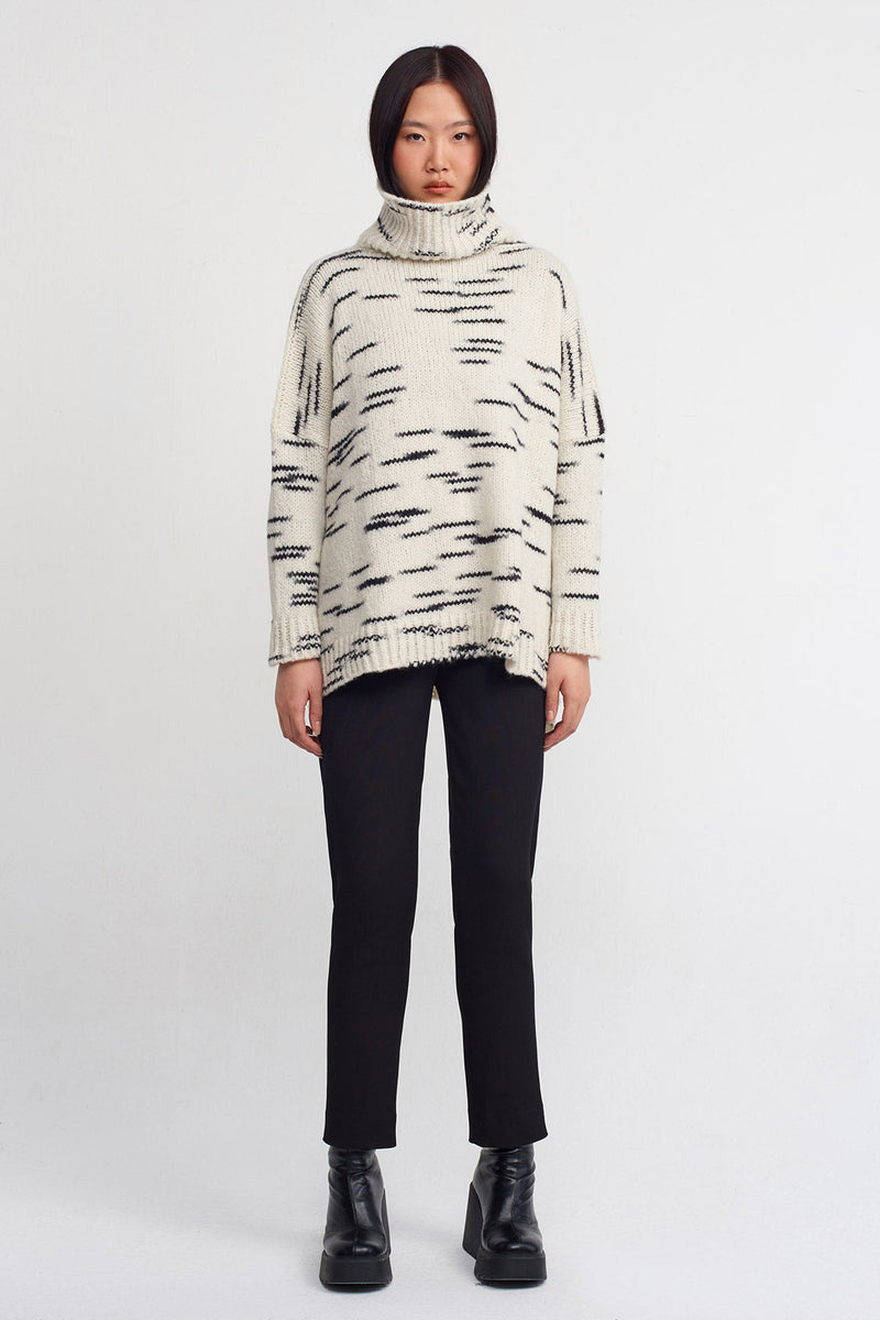 Nu Mélange Patterned Turtleneck Knit Sweater Black/Ecru