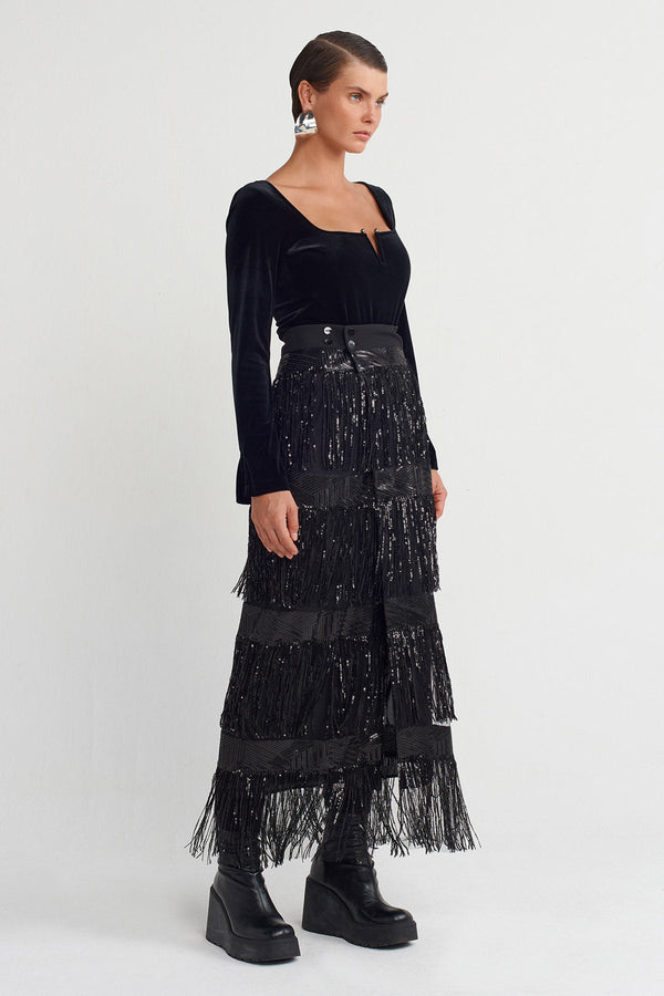 Nu Beaded Fringe Pareo Skirt Black