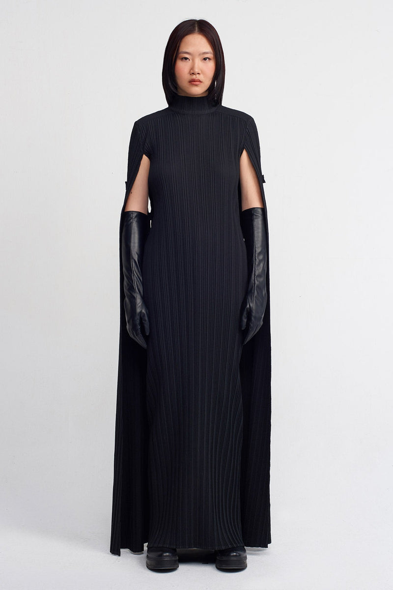 NU Snap Detail Pleated Cape Dress Black