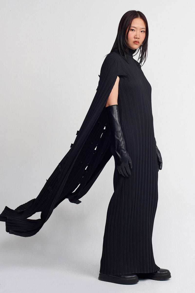 NU Snap Detail Pleated Cape Dress Black