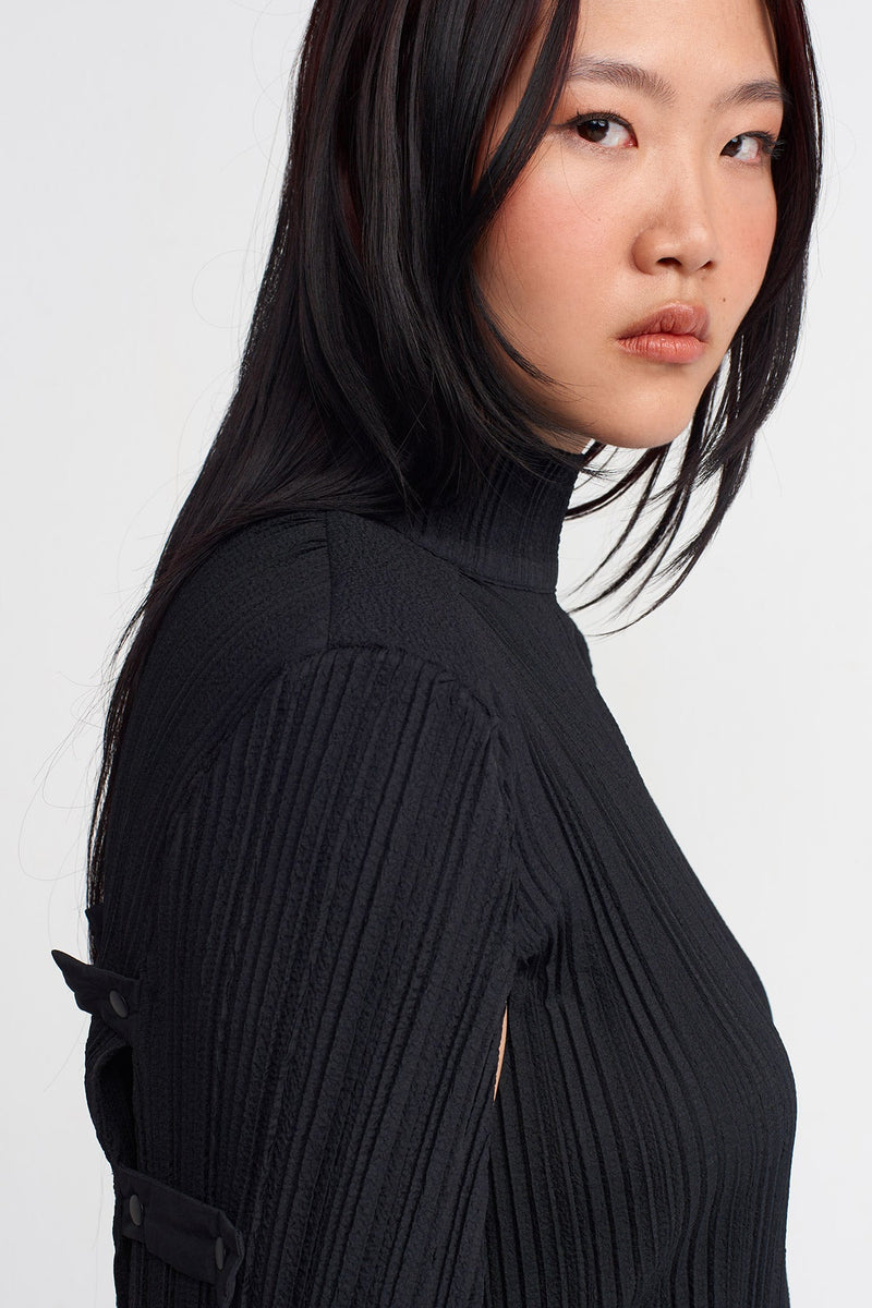 NU Snap Detail Pleated Cape Dress Black