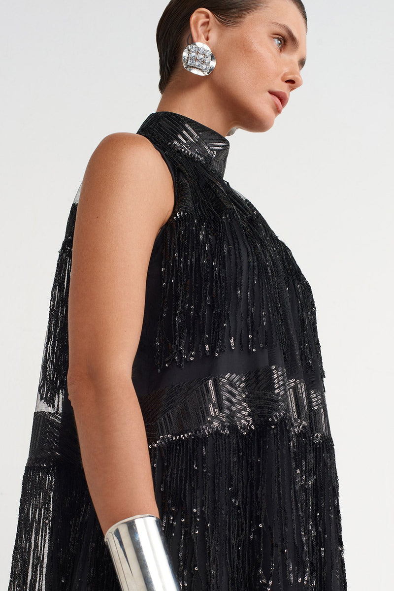 Nu Beaded Fringe Long Dress Black