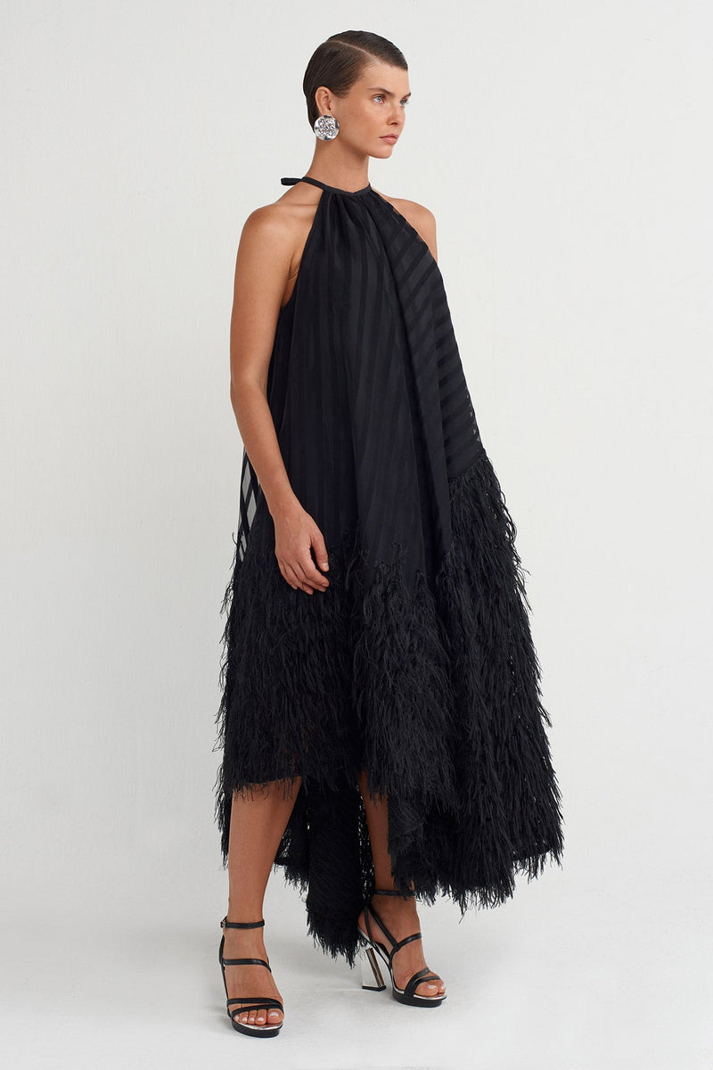 Nu Feather Hem Asymmetrical Dress Black