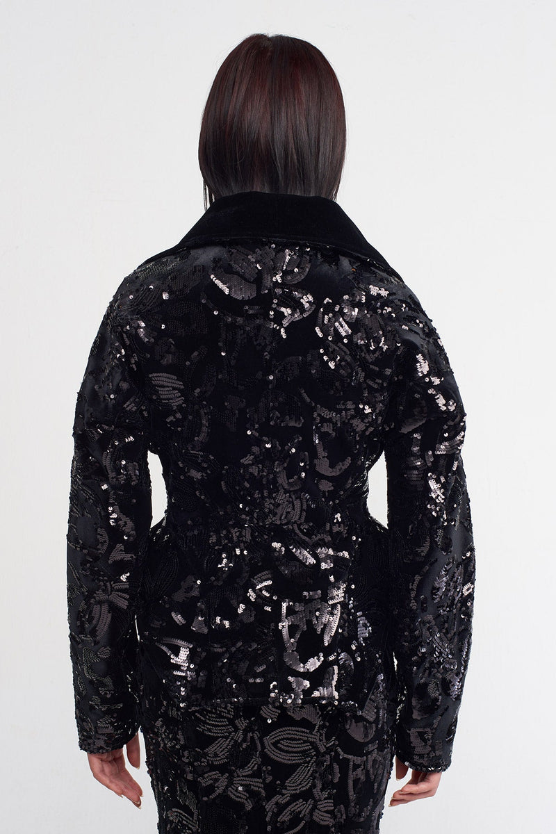 Nu Fitted Elegant High-Neck Sequin Blazer Black