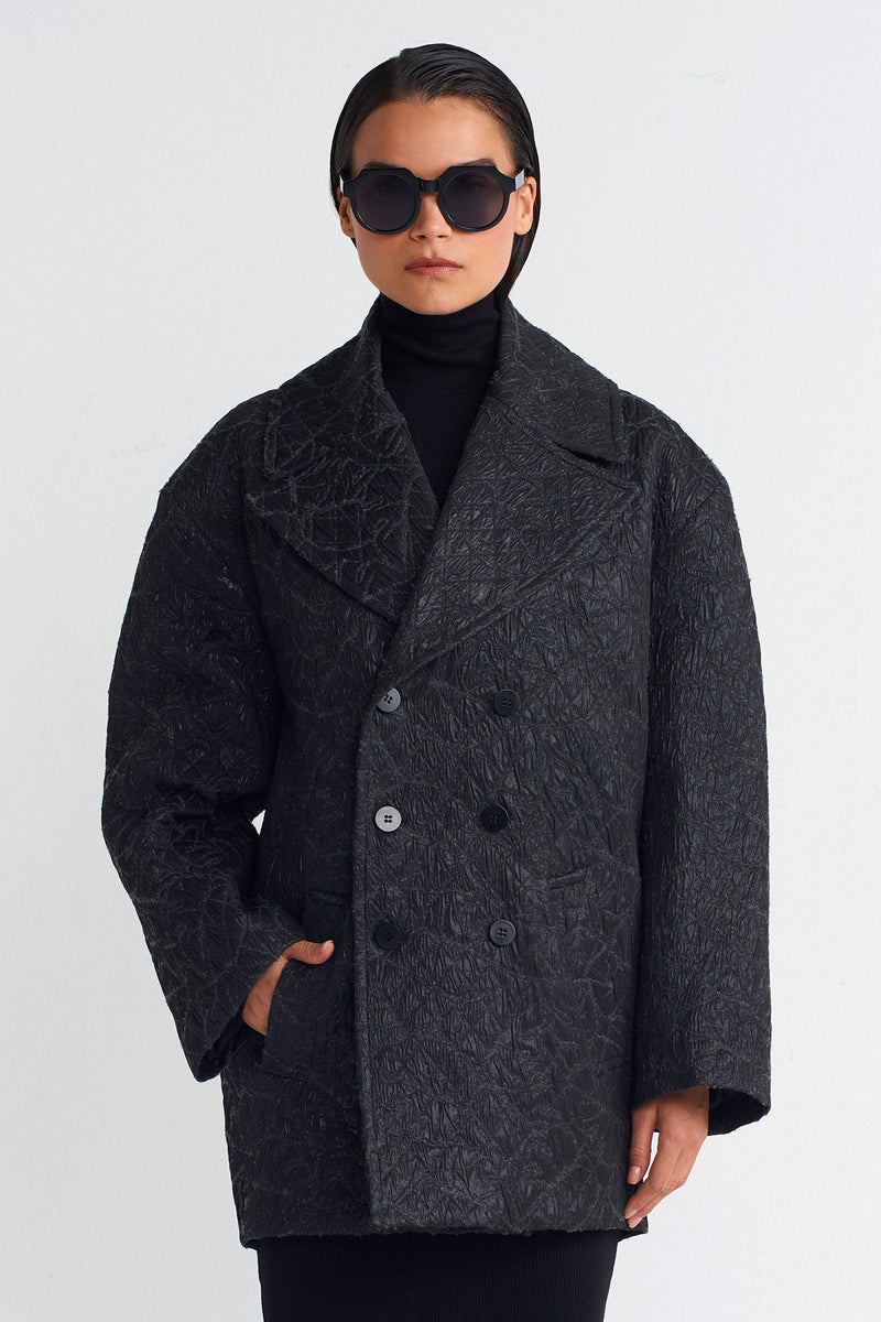 Nu Jacquard Patterned Short Coat Black