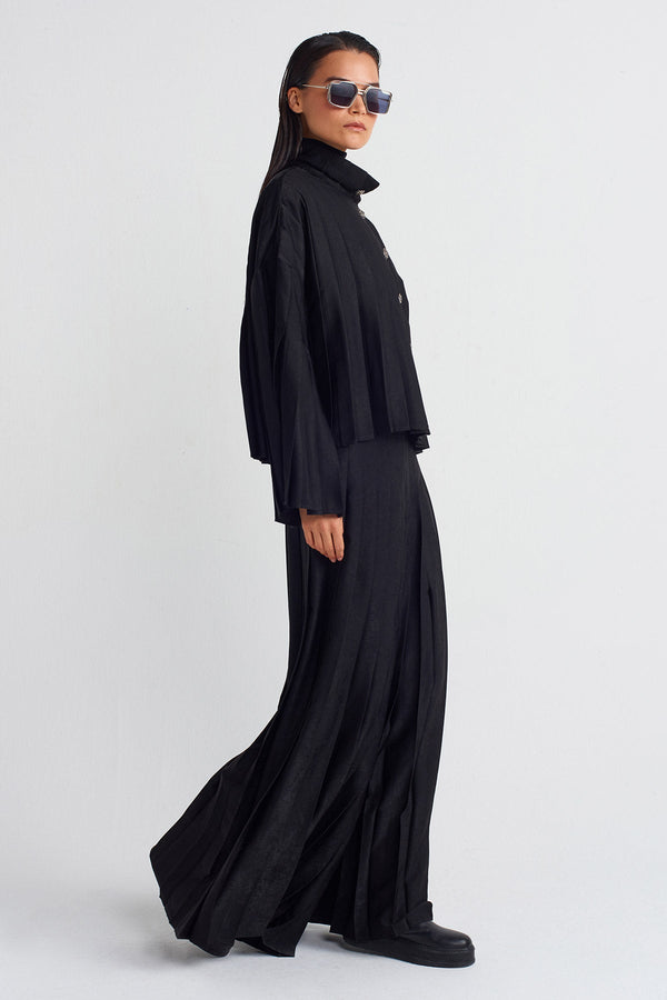 Nu Velvet-Look Satin Pleated Jacket Black