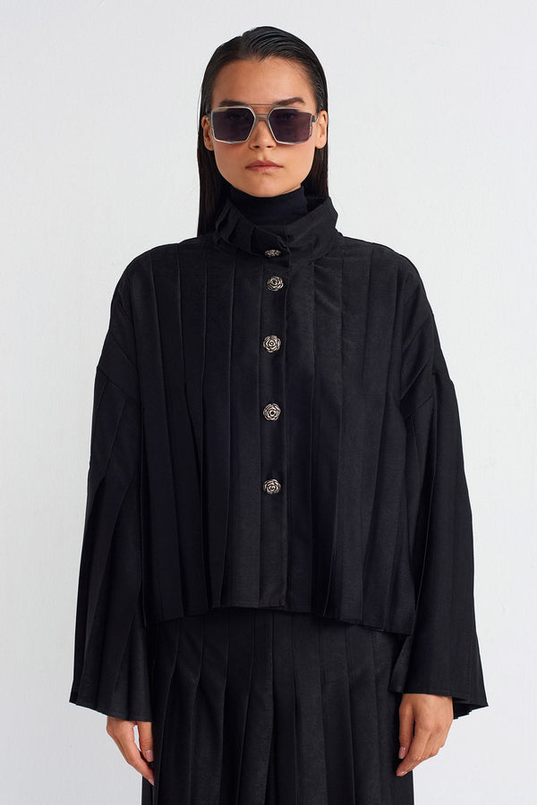 Nu Velvet-Look Satin Pleated Jacket Black