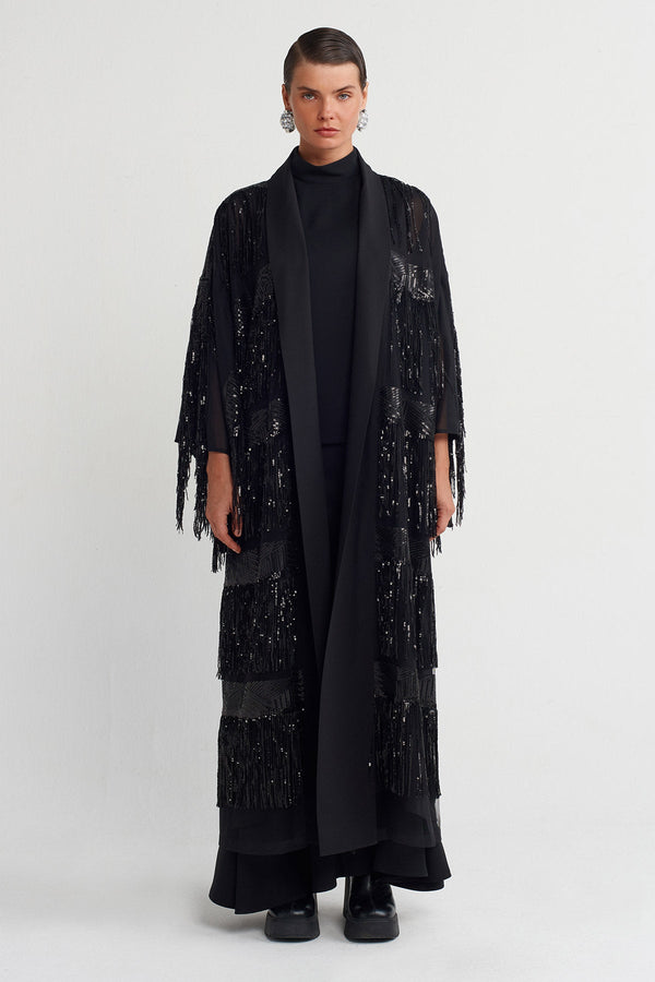 Nu Beaded Fringe Long Kimono Black