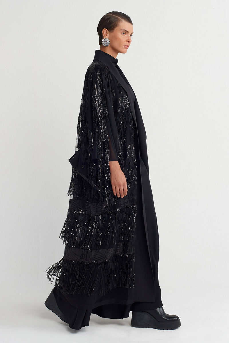 Nu Beaded Fringe Long Kimono Black