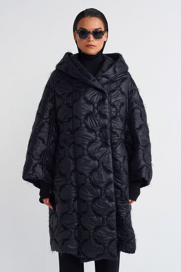 Nu Droplet Quilted Puffer Long Coat Black