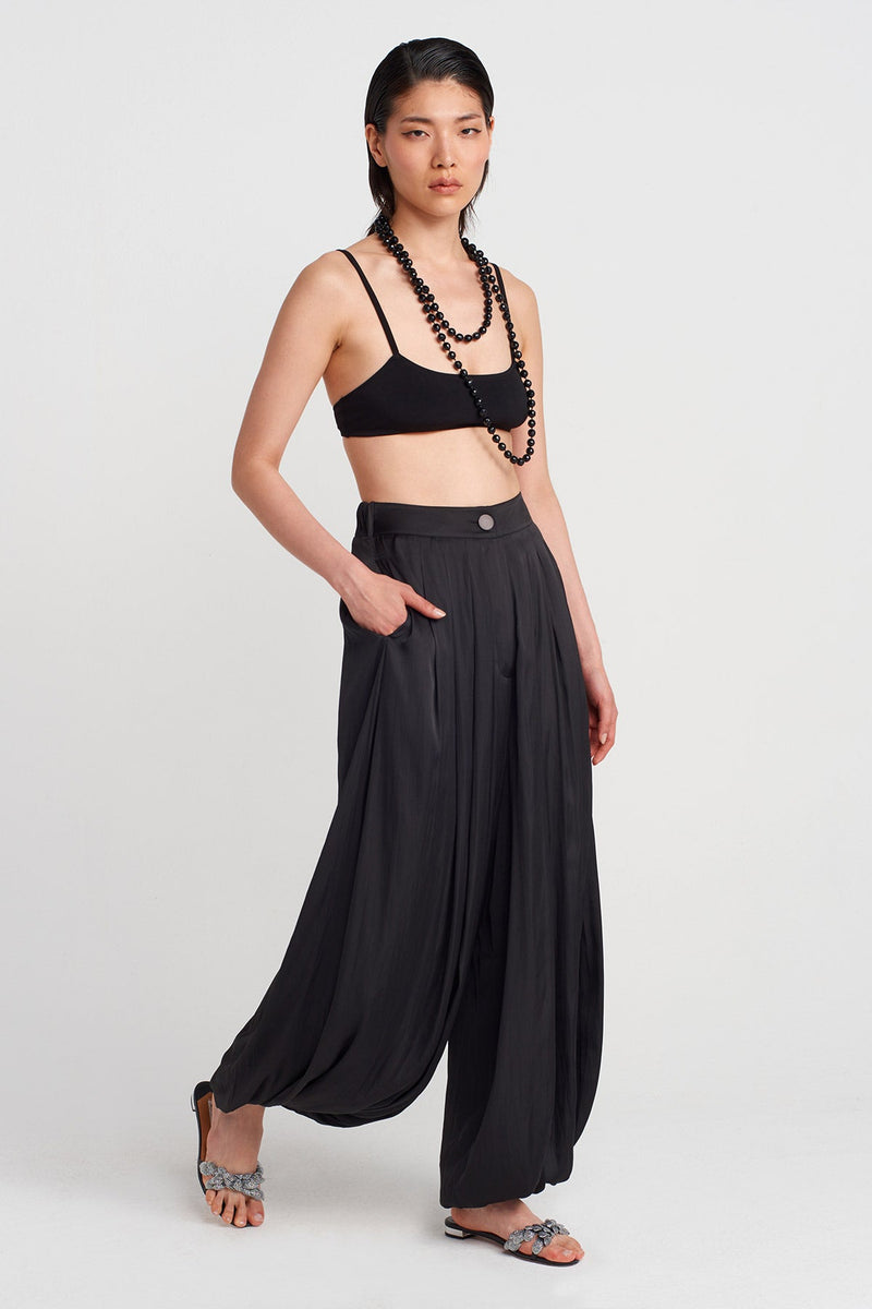 Nu Elegant Satin Trousers With Balloon Hems Black