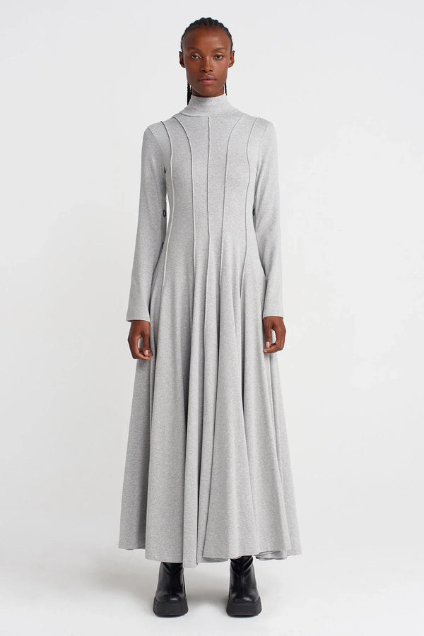 NU Raw Seam, Snap-Back Waist-Fitted Long Dress Light Grey Melange