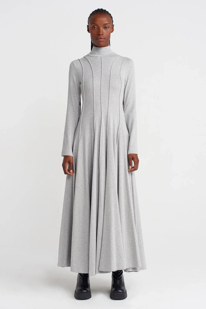 NU Raw Seam, Snap-Back Waist-Fitted Long Dress Light Grey Melange