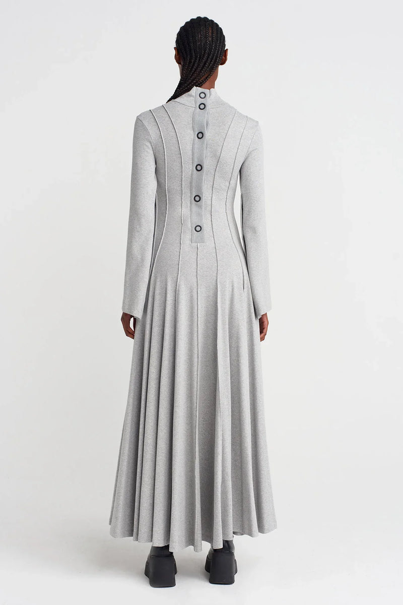 NU Raw Seam, Snap-Back Waist-Fitted Long Dress Light Grey Melange