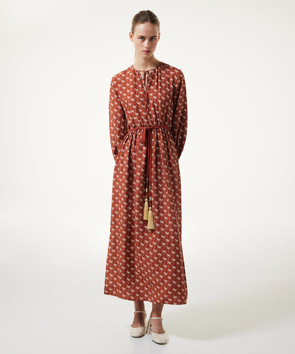 Machka Palm Tree Pattern Linen Blended Dress Brick