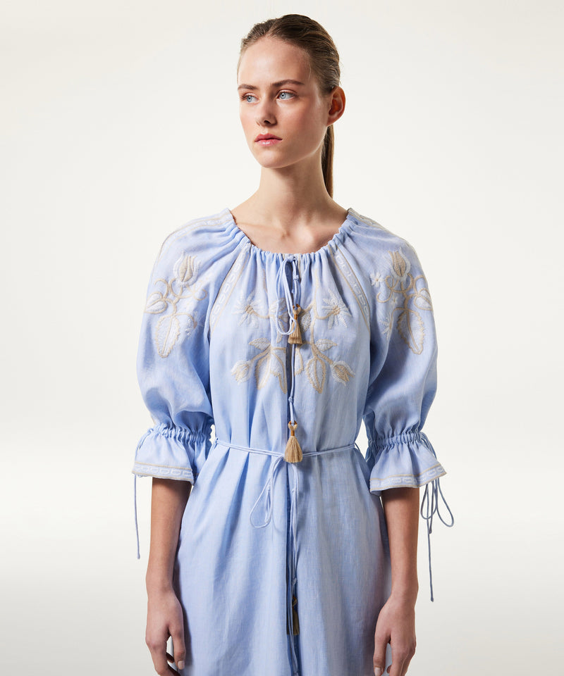 Machka Embroidered Linen Dress Light Blue