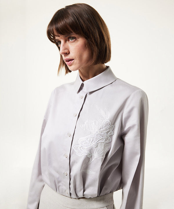 Machka Poplin Shirt With Floral Embroidery Grey