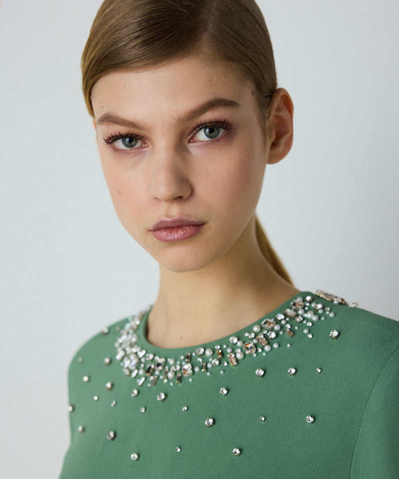 Machka Crystal Stone Embroidered Crepe Dress Green