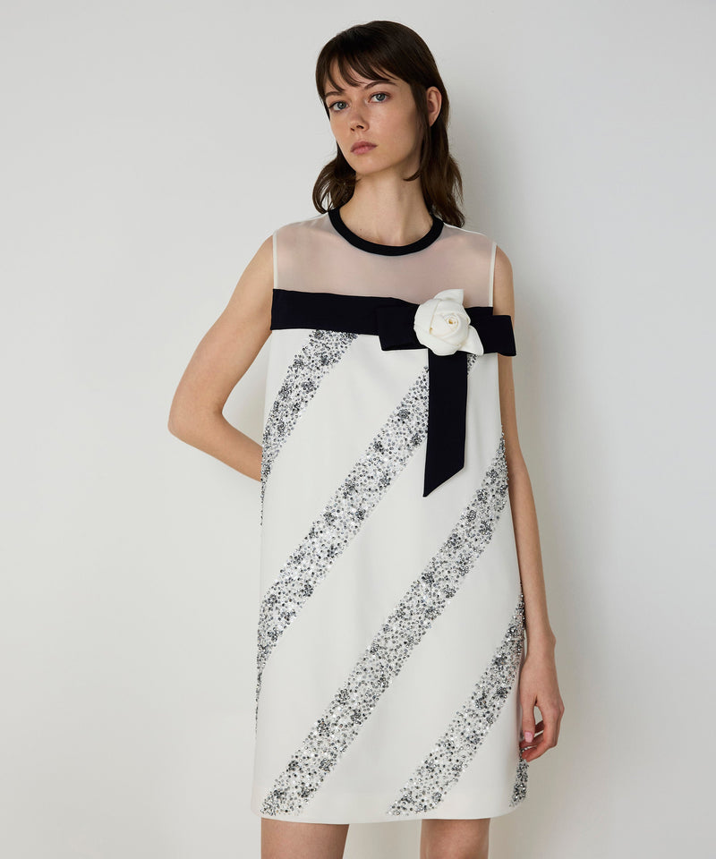 Machka Diagonal Stone Embroidered Mini Dress Ecru