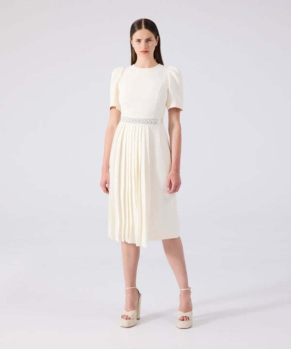 Machka Pleated Mix Crepe Dress Ecru