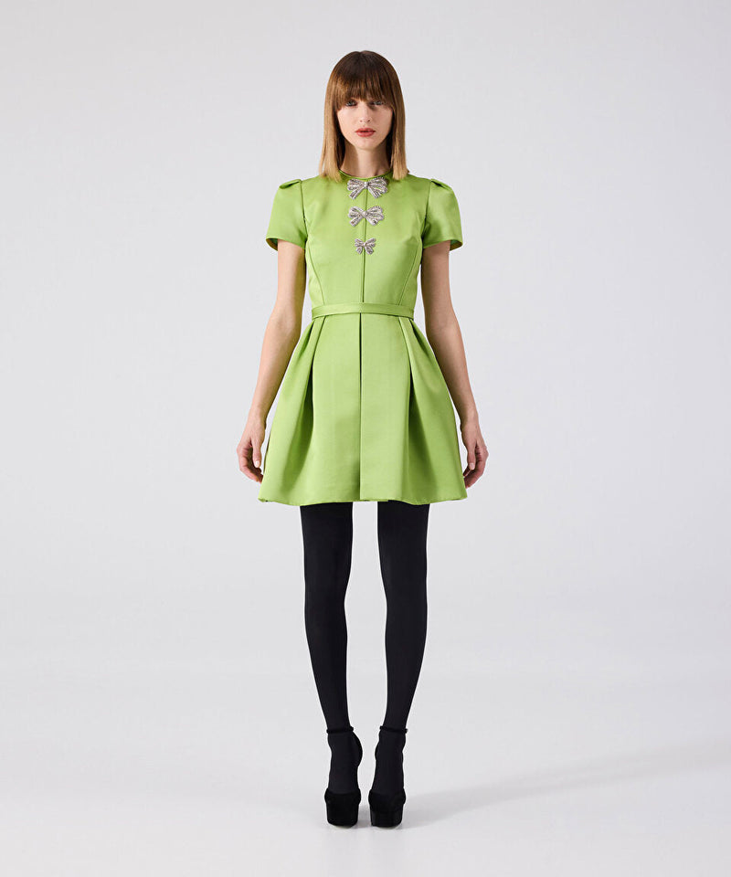 Machka Satin Duchess Dress With Bow Embroidery Pistachio Green