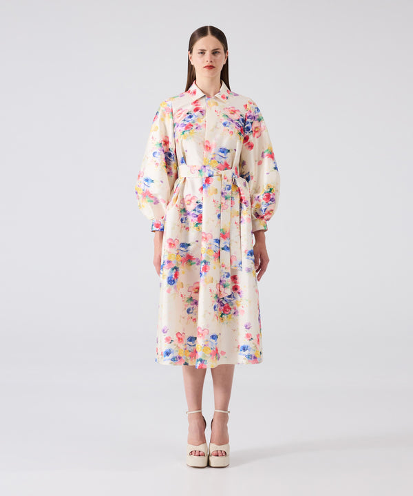 Machka Floral Pattern Shirt Collar Dress Off White