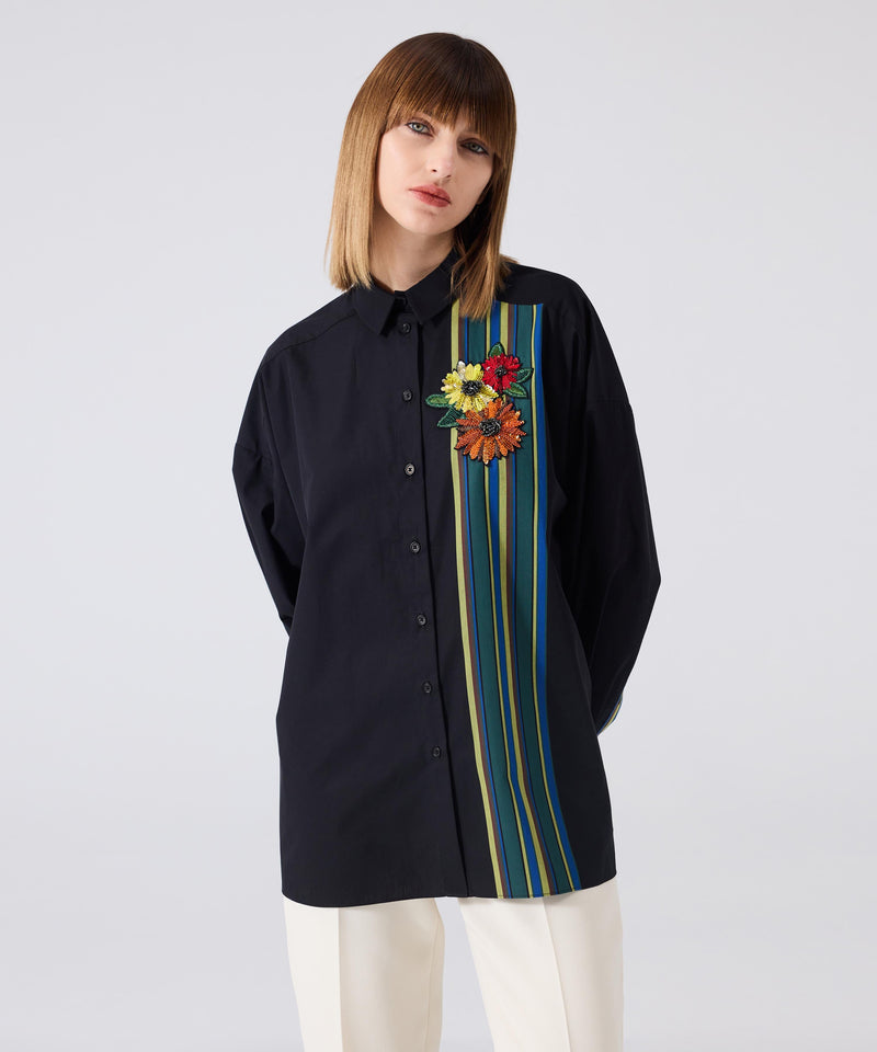 Machka Stripe Pattern Mix Embroidered Shirt Black