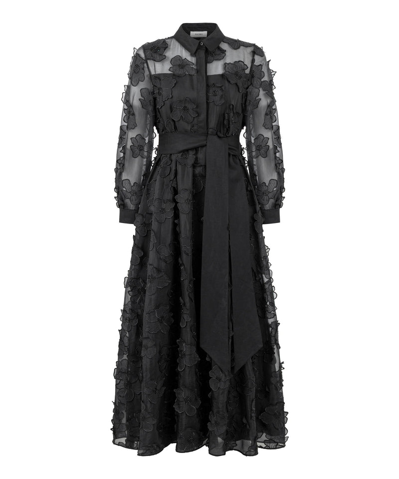 Machka Floral Applique Belted Dress Champagne