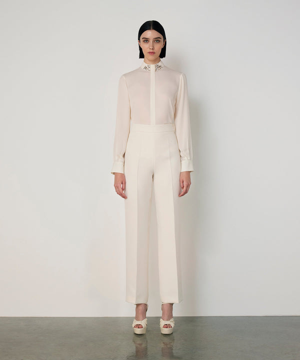 Machka Crepe Wide-Leg Trousers Ecru