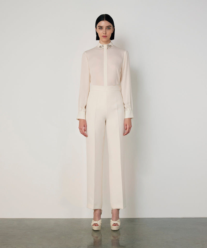 Machka Crepe Wide-Leg Trousers Ecru