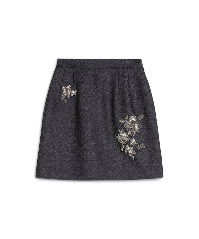 Machka Floral Module Embroidered Wool Skirt Anthracite
