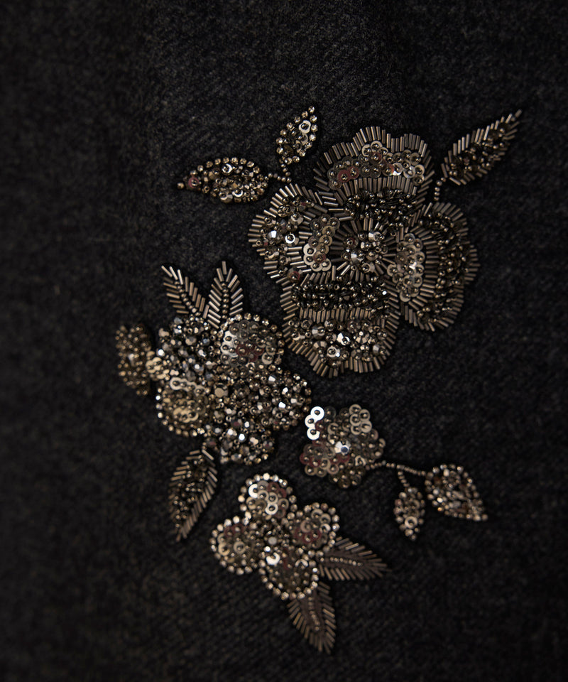 Machka Floral Module Embroidered Wool Skirt Anthracite