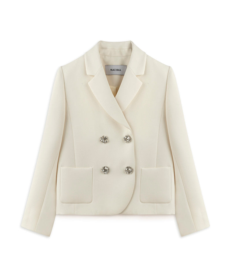 Machka Crystal-Button Double-Breasted Blazer Ecru