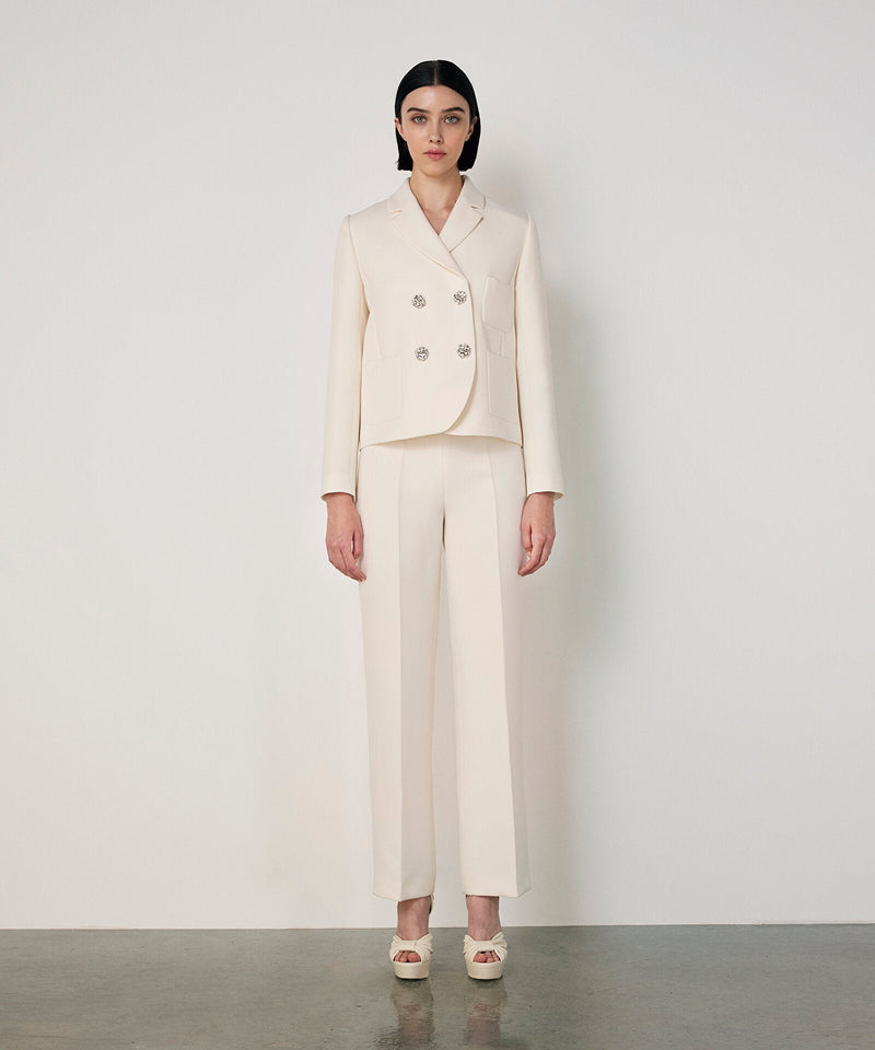 Machka Crystal-Button Double-Breasted Blazer Ecru