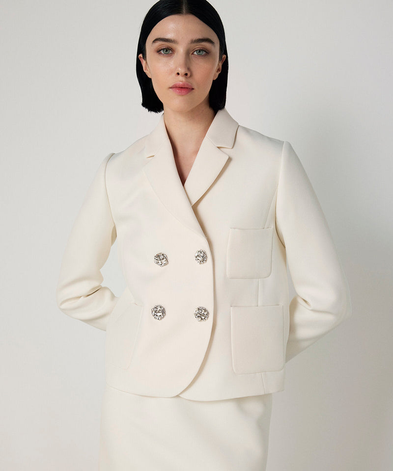 Machka Crystal-Button Double-Breasted Blazer Ecru